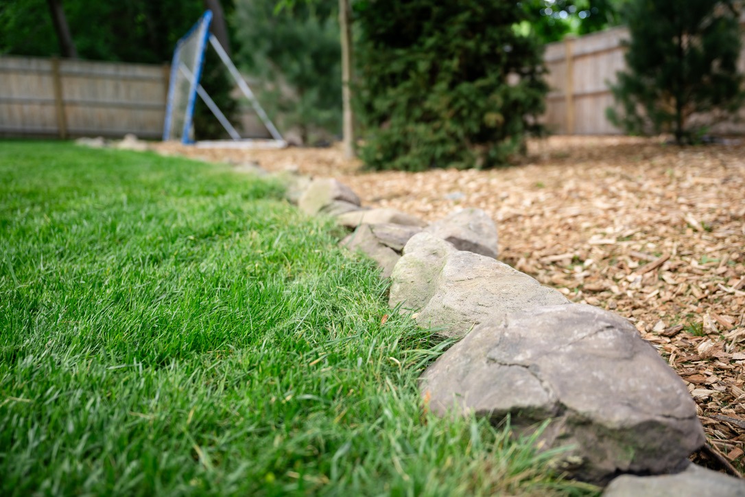 A backyard with green grass, a stone border, mulch area, trees, wooden fence, and a blue soccer goal in the background.