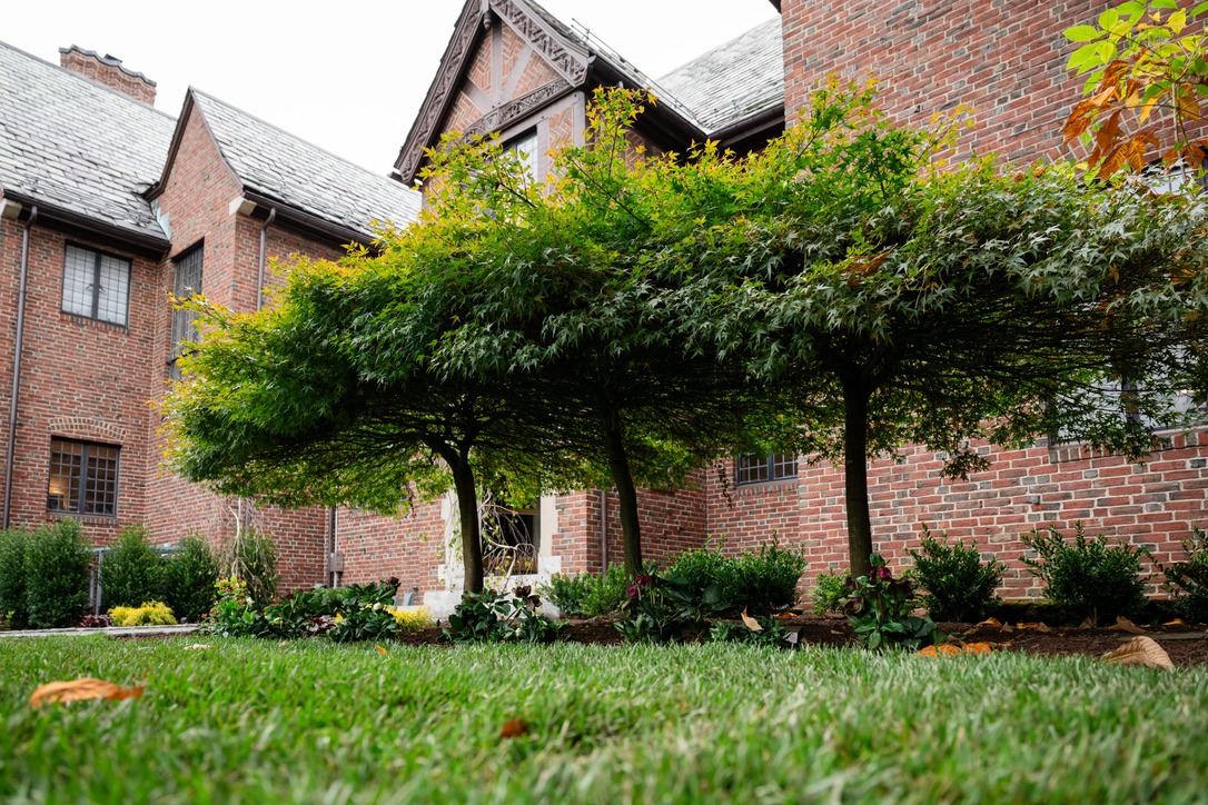 Brick building with lush green trees and manicured lawn in the foreground, showcasing a serene and well-maintained garden landscape.