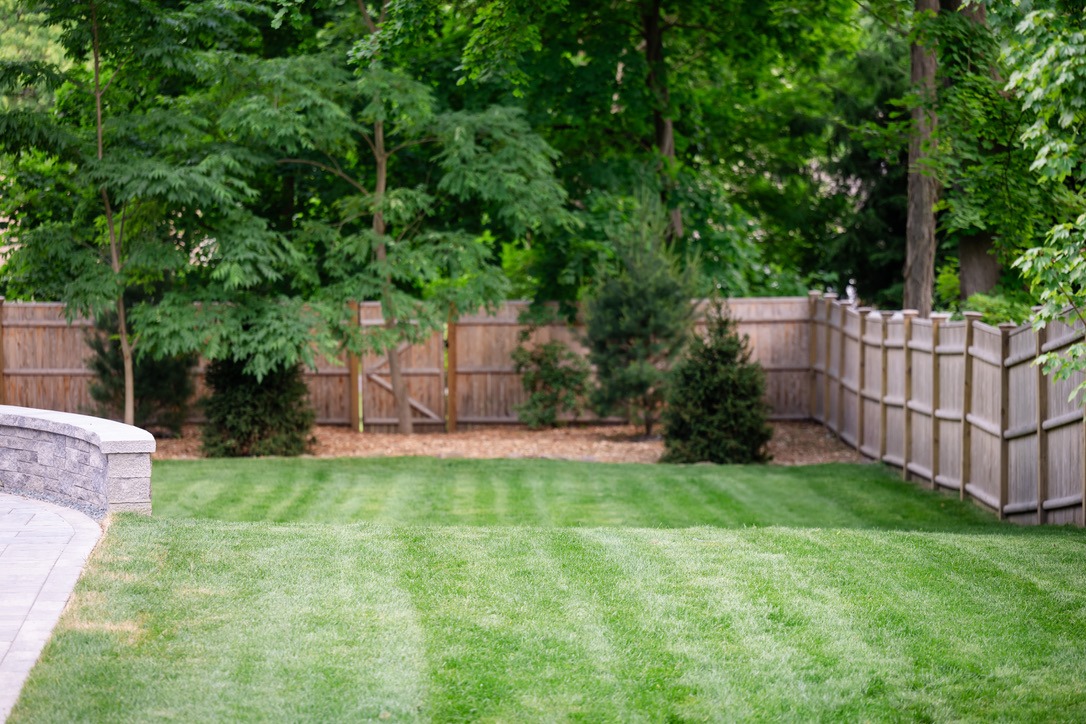 A neatly mowed green lawn with surrounding wooden fencing, trees, and shrubbery. Light stone paving partially visible on the left side.