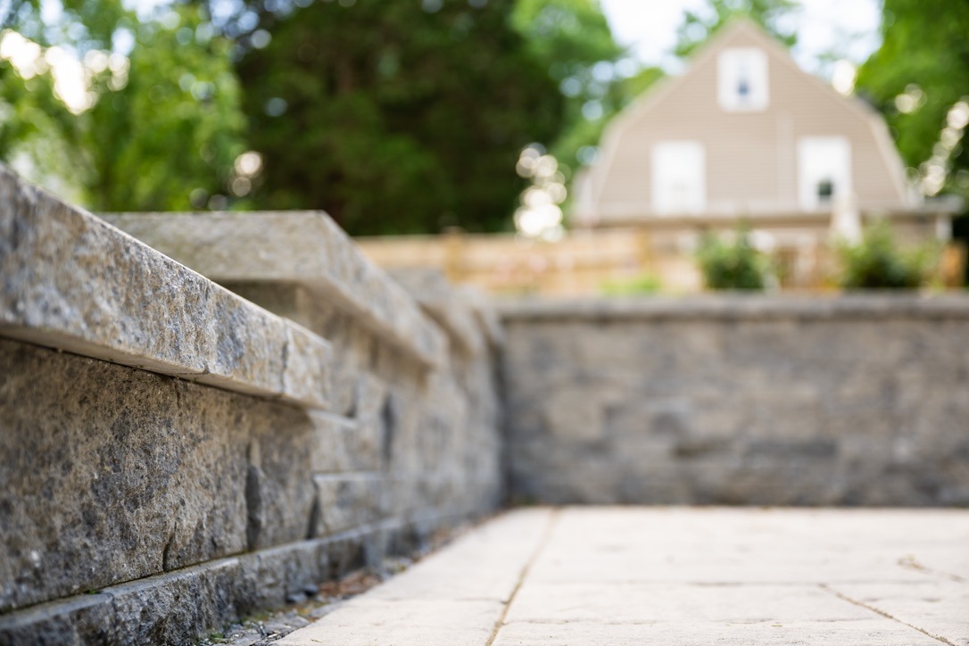 Blurred house in background, stone wall in focus; tree-filled setting creates serene, outdoor atmosphere in residential area.