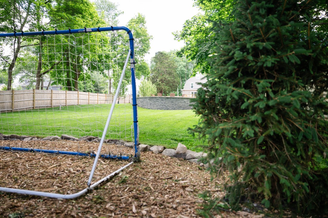 A backyard features a blue soccer goal, lush grass, and surrounding trees. A wooden fence encloses the area with a distant house.