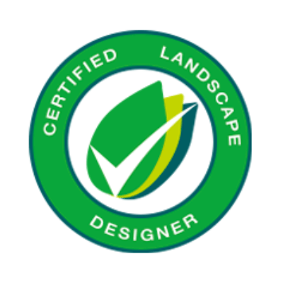 A circular green badge features overlapping leaves with a white checkmark. Text reads "Certified Landscape Designer" surrounding the graphic in bold letters.