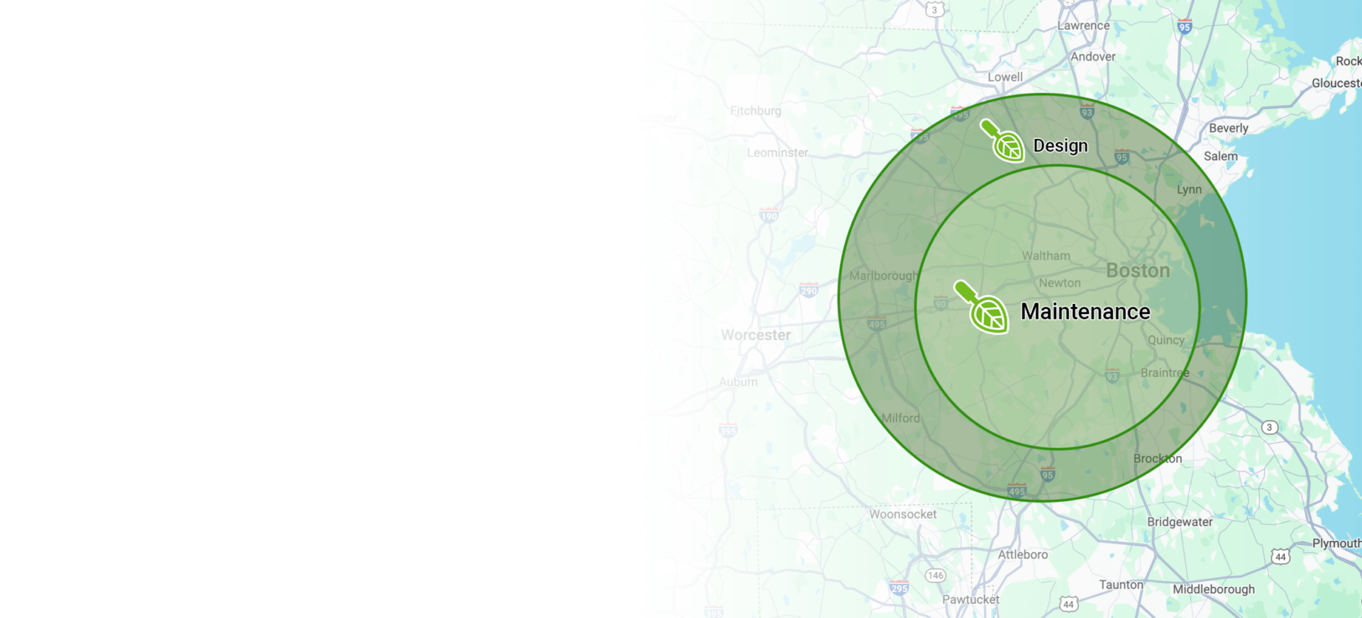 Map centered on Boston highlighting design and maintenance areas with concentric circles, labeled with leaf icons over regional geography.