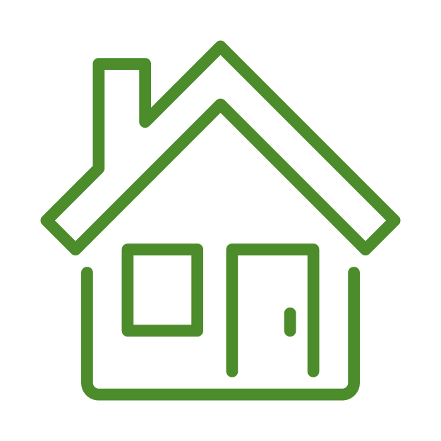 A simple green house icon depicting a basic home structure with a pitched roof, door, and window, symbolizing residential property.