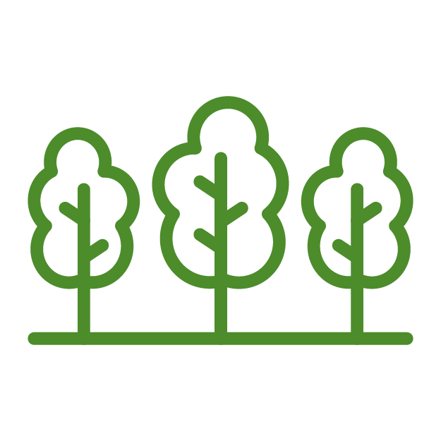 Three stylized, green trees are illustrated in a simple design on a transparent background, representing nature or a park logo.