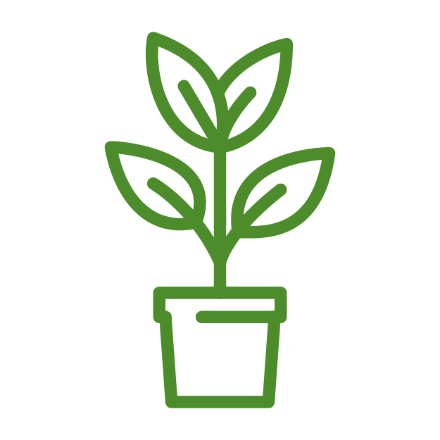 Simple green line drawing of a potted plant with three leaves. No landmarks or buildings are present. Minimalist design.