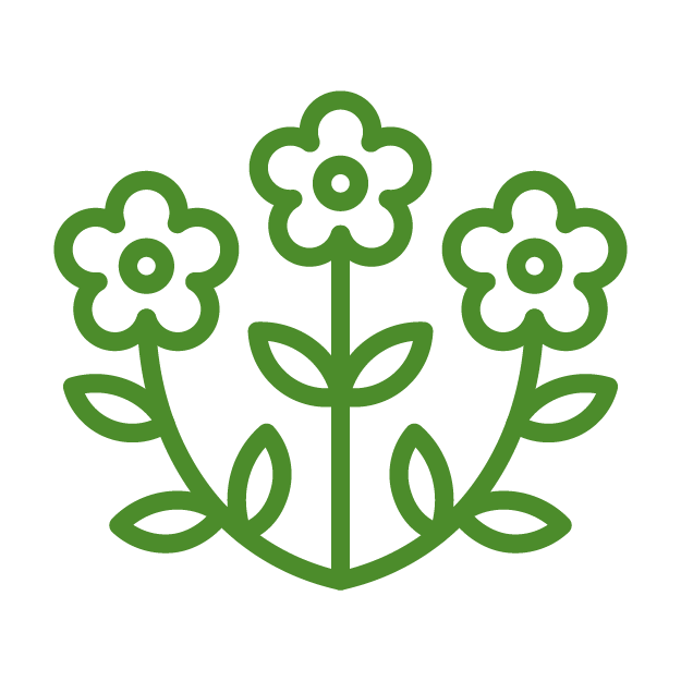 A simple green outline features three stylized flowers with leaves and stems on a transparent background. The design is minimalistic and symmetrical.