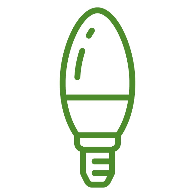 Green, simple line drawing of a light bulb. The illustration represents an energy-efficient bulb design, featuring an elongated shape with a screw base.